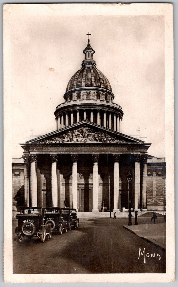 Antique Postcard Pantheon Dome Entrance Automobiles Paris, Fr 1920s
