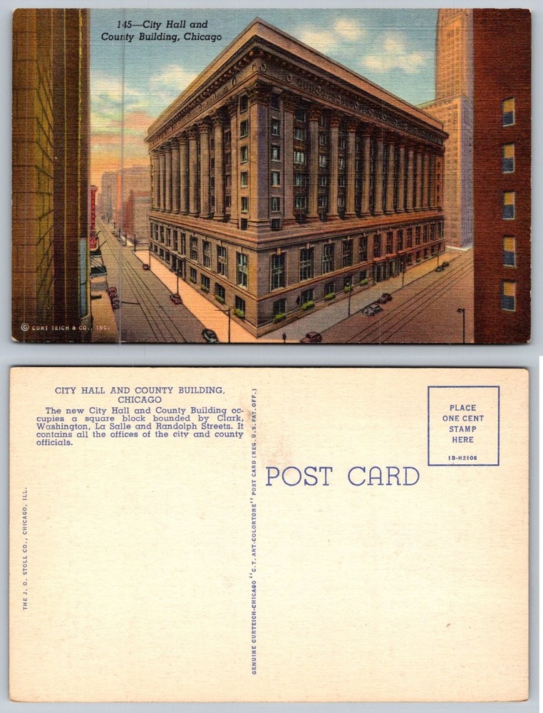 Vintage Chicago City Hall County Building Linen Postcard Curt Teich 1930s