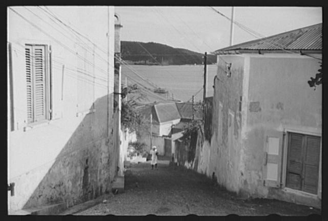 Charlotte Amalie St. Thomas Virgin Islands 1940s alleyway harbor view