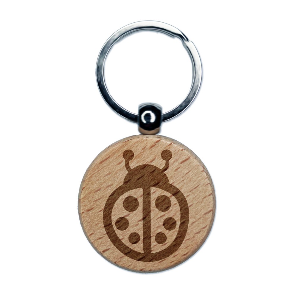 Cartoony Ladybug Engraved Wood Round Keychain Tag Charm