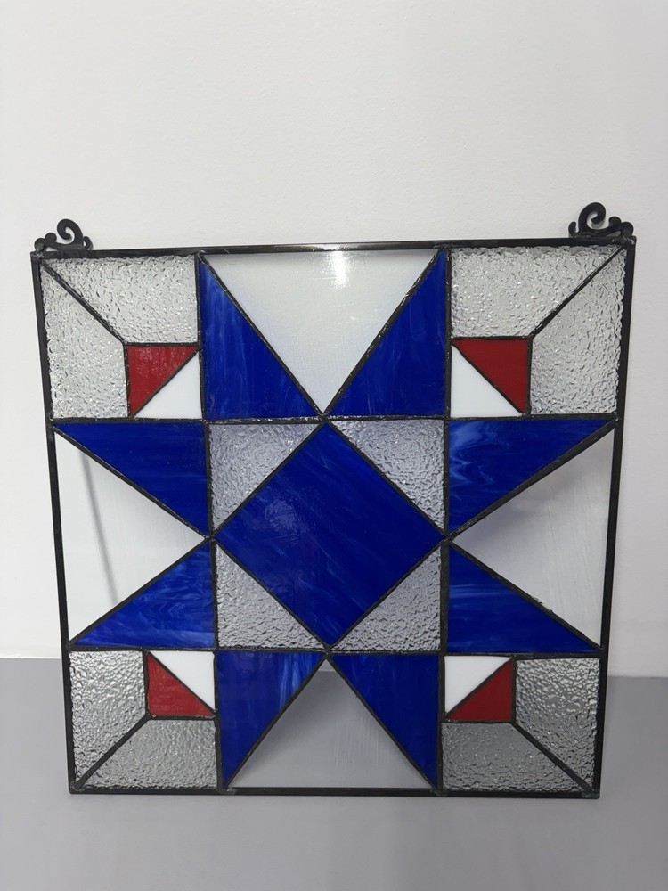 Vtg Handcrafted Stained Glass Quilt Block Pattern Suncatcher Window Panel 15x15”
