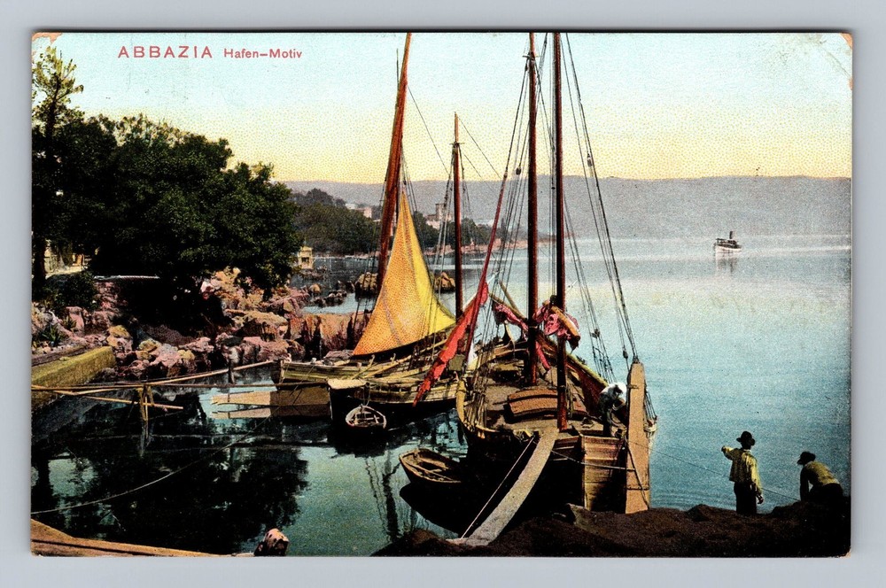 Croatia- Abbazia Kvarner Gulf Harbor Boats Post Old Card View Vintage Postcard