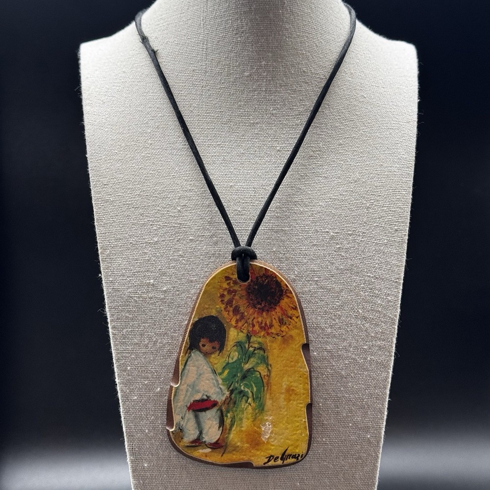 Vintage DeGrazia Signed Enamel Pendant Necklace Sunflower Child Art