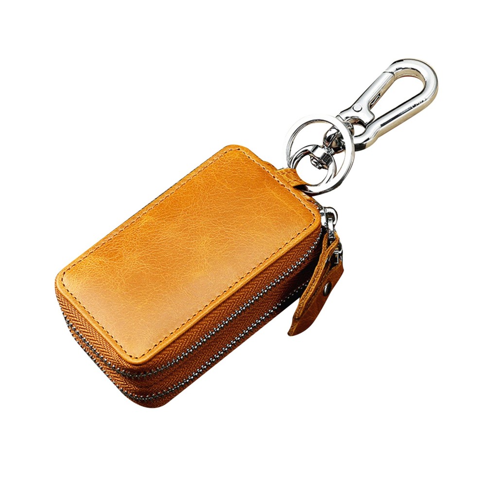 Double Layer Genuine Leather Car Key Holder Case with Zipper Pouch