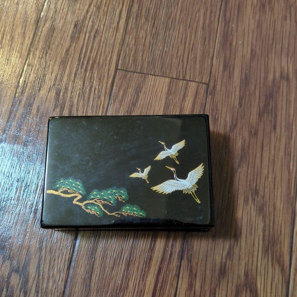 Lacquerware Mini Box Crane Pine Design Black Decorative Storage