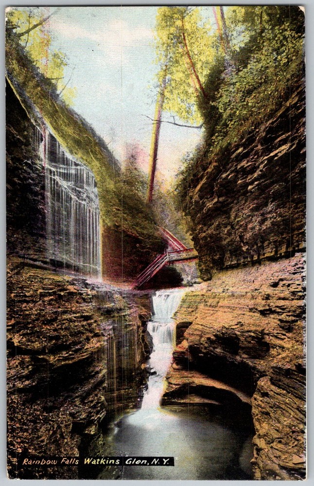 Antique Postcard Rainbow Falls Waterfall Steps Watkins Glen, NY 1910s