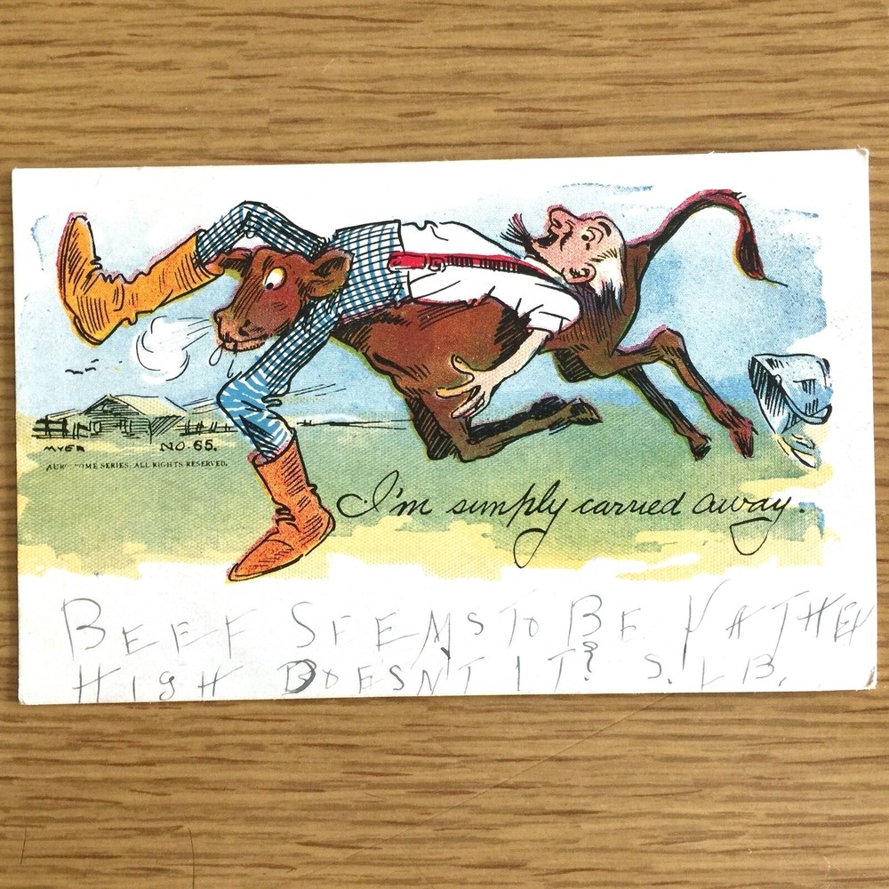 1910 HUMOROUS POSTCARD antique post card I'M SIMPLY CARRIED AWAY farmer milk cow