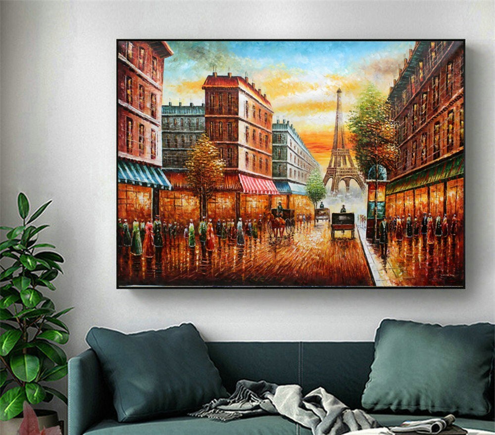 Hand painted Oil Painting Abstract City Paris Street with Eiffel Tower Wall Art-image