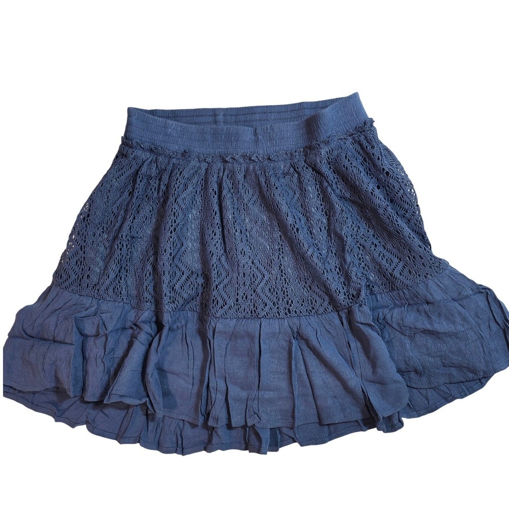 Umgee Blue Crochet Lace Ruffle Mini Skirt Boho Smocked Waist M TL62705