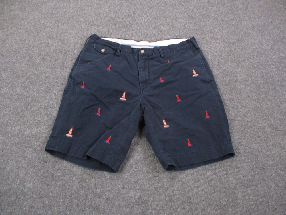 Polo Ralph Lauren Shorts Men 36 Navy Blue Chino Lighthouse Print Sailor Nautical
