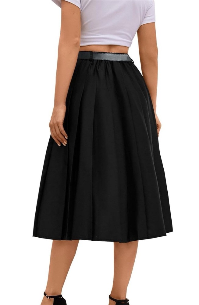 Women's Black Pleated A-Line Midi Skirt Elastic Waist Belt Casual S
