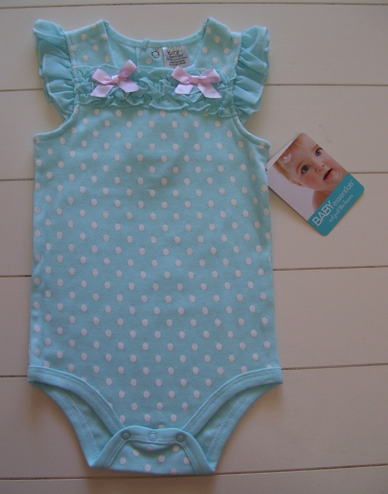 Baby Essentials Aqua Blue White Polka Dot Pink Bow Flutter Sleeve Bodysuit Sz 9M