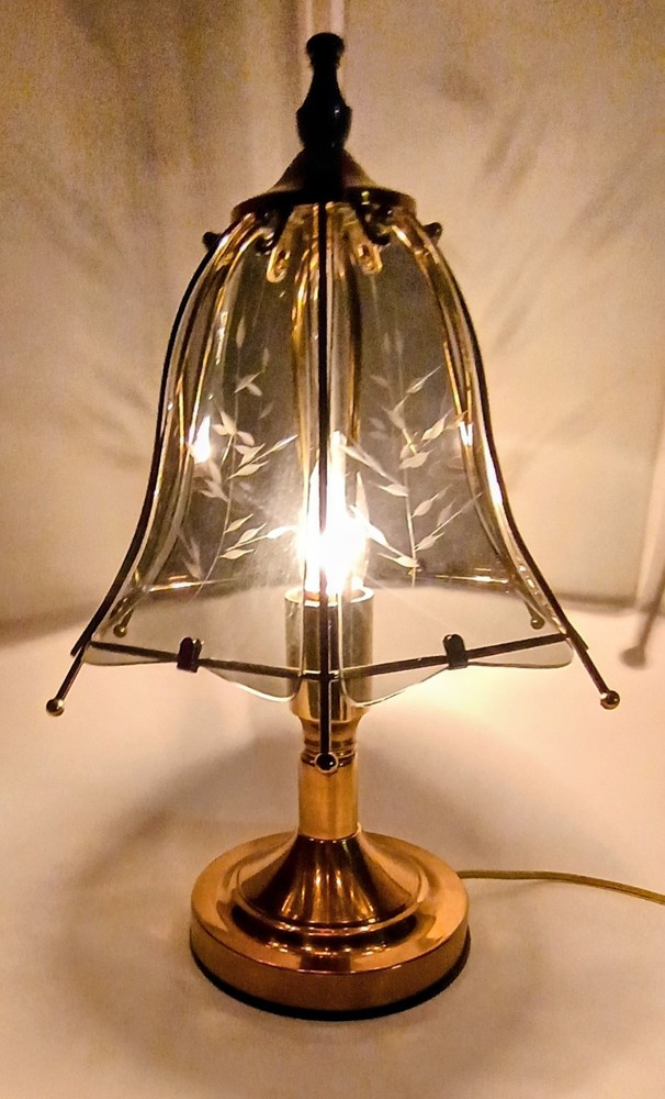 Vintage Brass 6 Panel Etched Smokey Gray Glass 3 Way Touch Lamp  Working