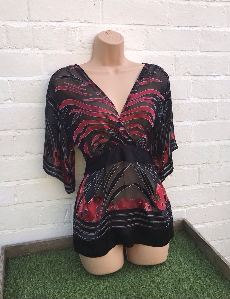 BNWT PRINCIPLES Womens Blouse UK10 Black Red Sheer Tie Back Silk EU38 Elegant Top