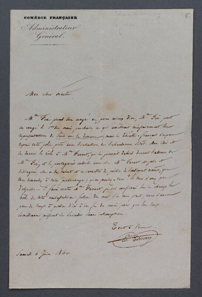 Edouard Thierry - Signed Autograph Letter, 1860