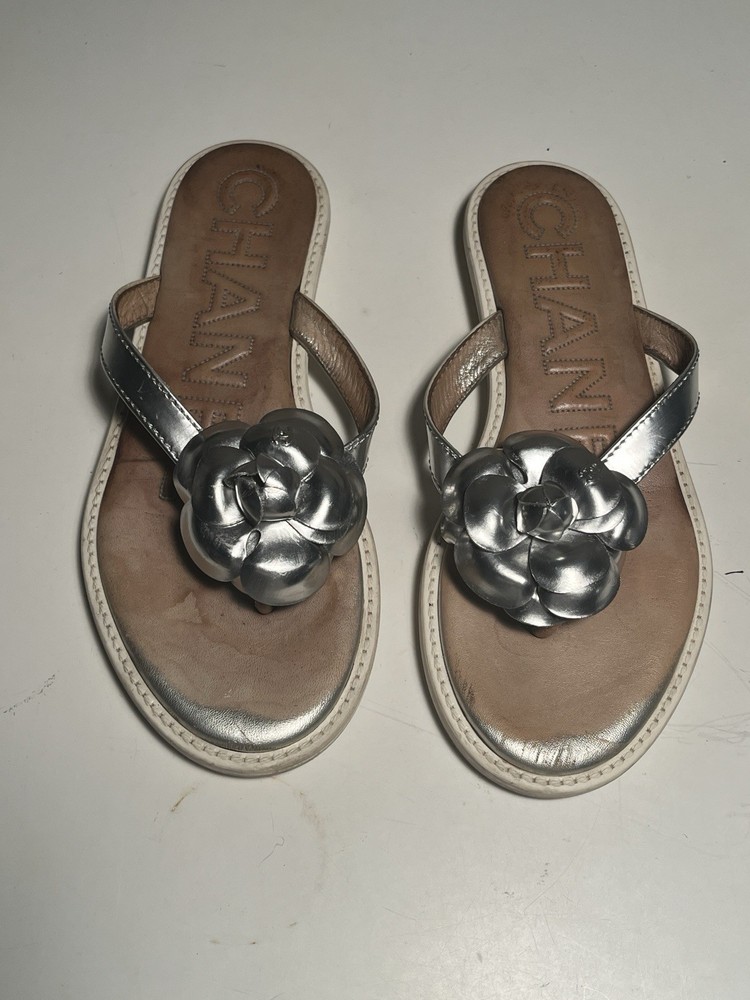 Chanel Thong Sandals Size 37 Silver Camellia