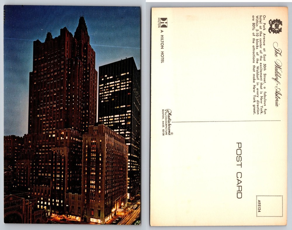 Waldorf-Astoria Hotel NYC Night View Hilton Plastichrome Postcard