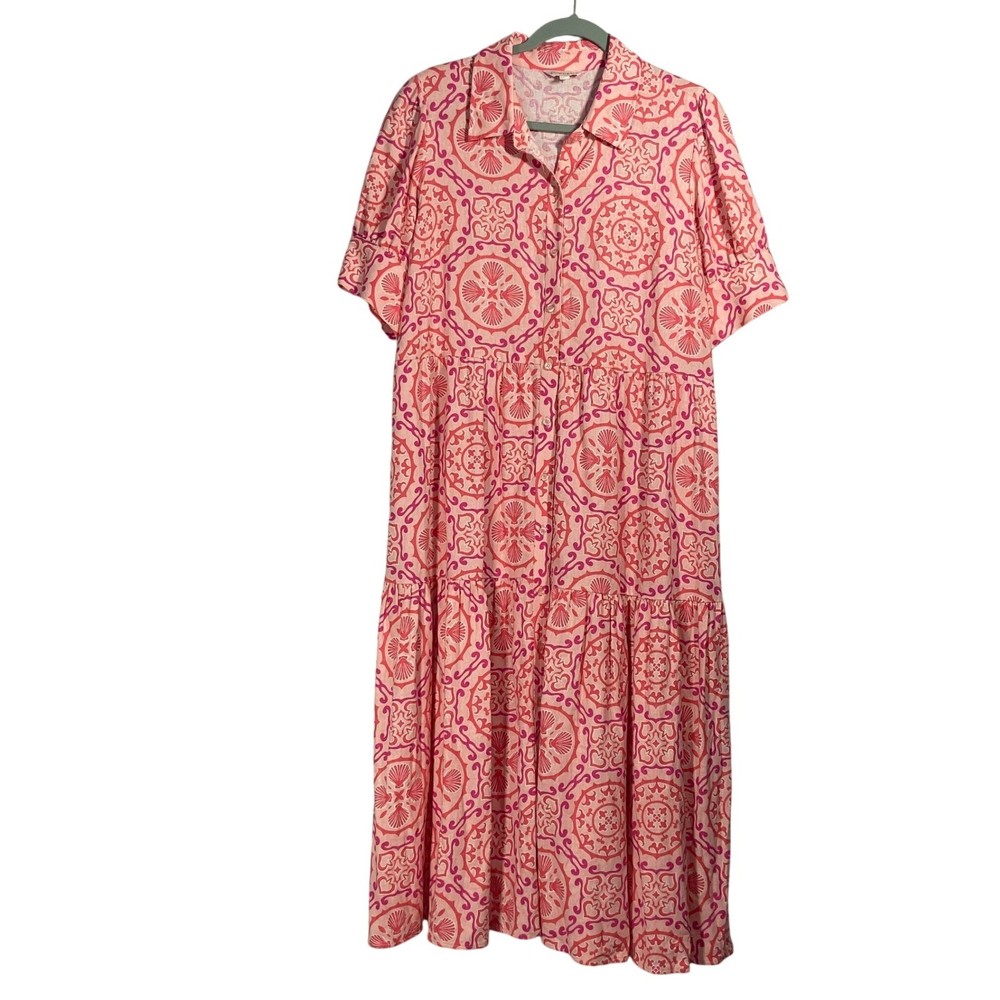 Crown & Ivy Linen Blend Collard Maxi Dress Sz L Pink Print Tiered Cottagecore