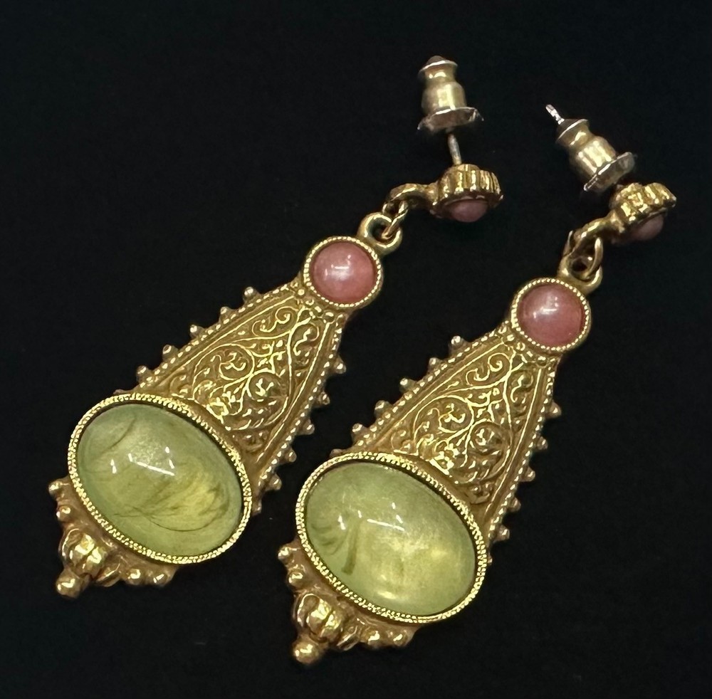 Designer 1928 Green Pink Vtg Costume Gold Tone Pierced Earrings Jewelry Lot H