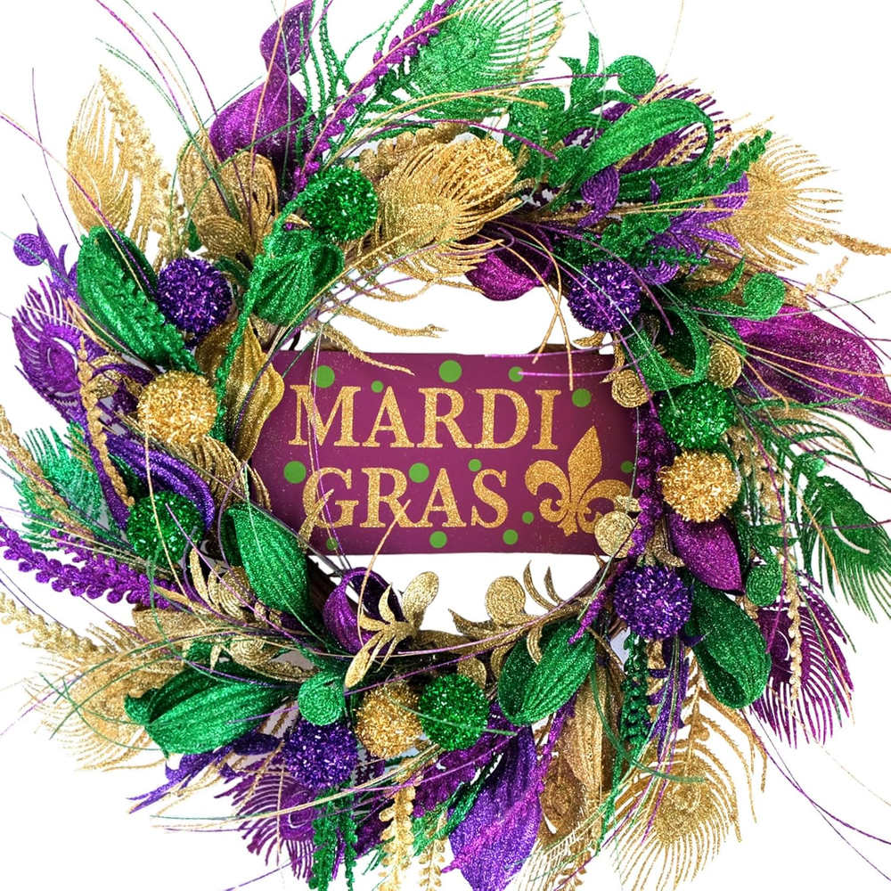 20 Inch Mardi Gras Purple and Green Glitter Wreath for Carnival Front Door and P