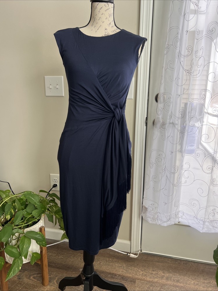 Trina Turk Women's Phase Dress Blue XS Faux Wrap Sash Tassels Office Party Date