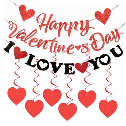 Valentines Day Decorations, Red Glitter Happy Valentine's Day Banner I LOVE