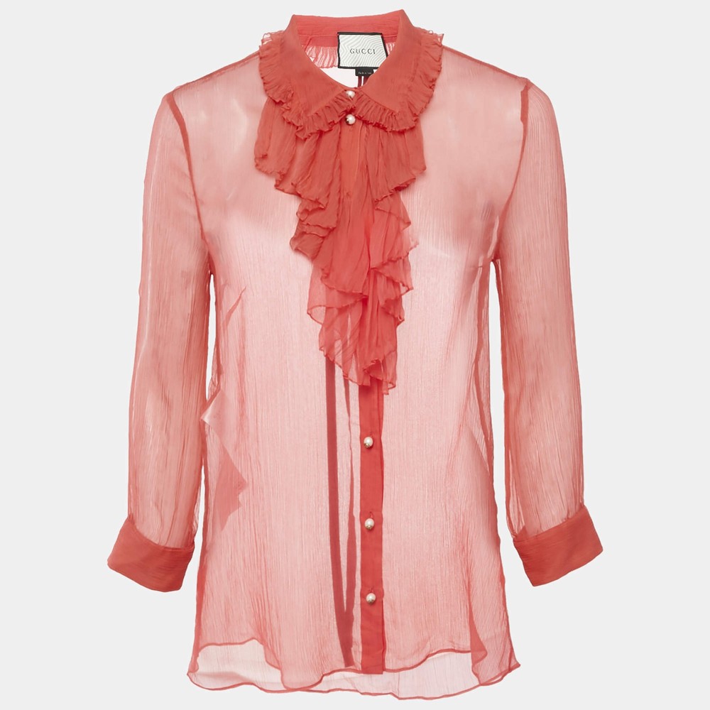 Gucci Pink Silk Chiffon Ruffle Neck Detail Button Front Sheer Top M