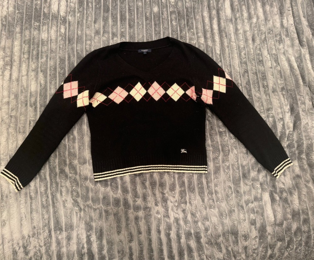 Burberry London Lambswool Pullover Printed V-Neck Knit Sweater