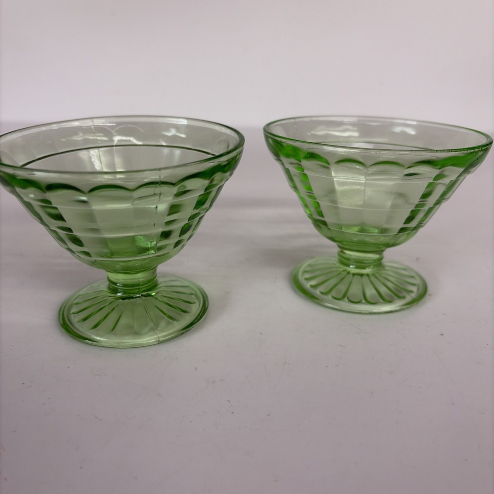 Vintage Uranium Glass Sherbet Dessert Cups Set Of 2 Green Depression
