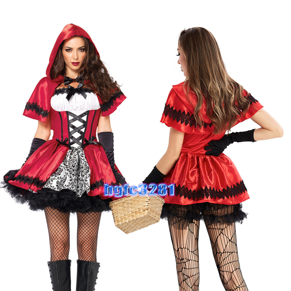 Vintage Womens Girls Little Red Riding hood Halloween Fairytale Costume S-2XL