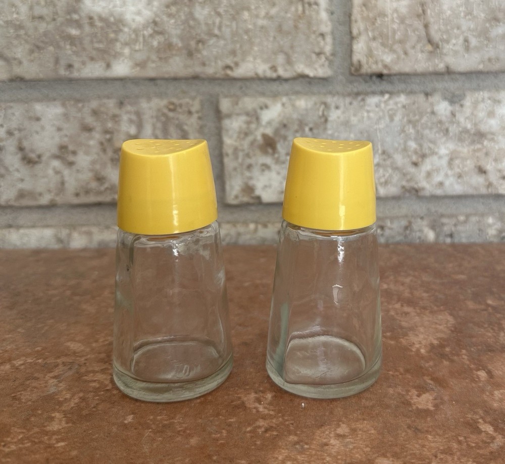 Vintage Yellow Top/ Glass Shakers Set Of 2 3.5in Made In USA