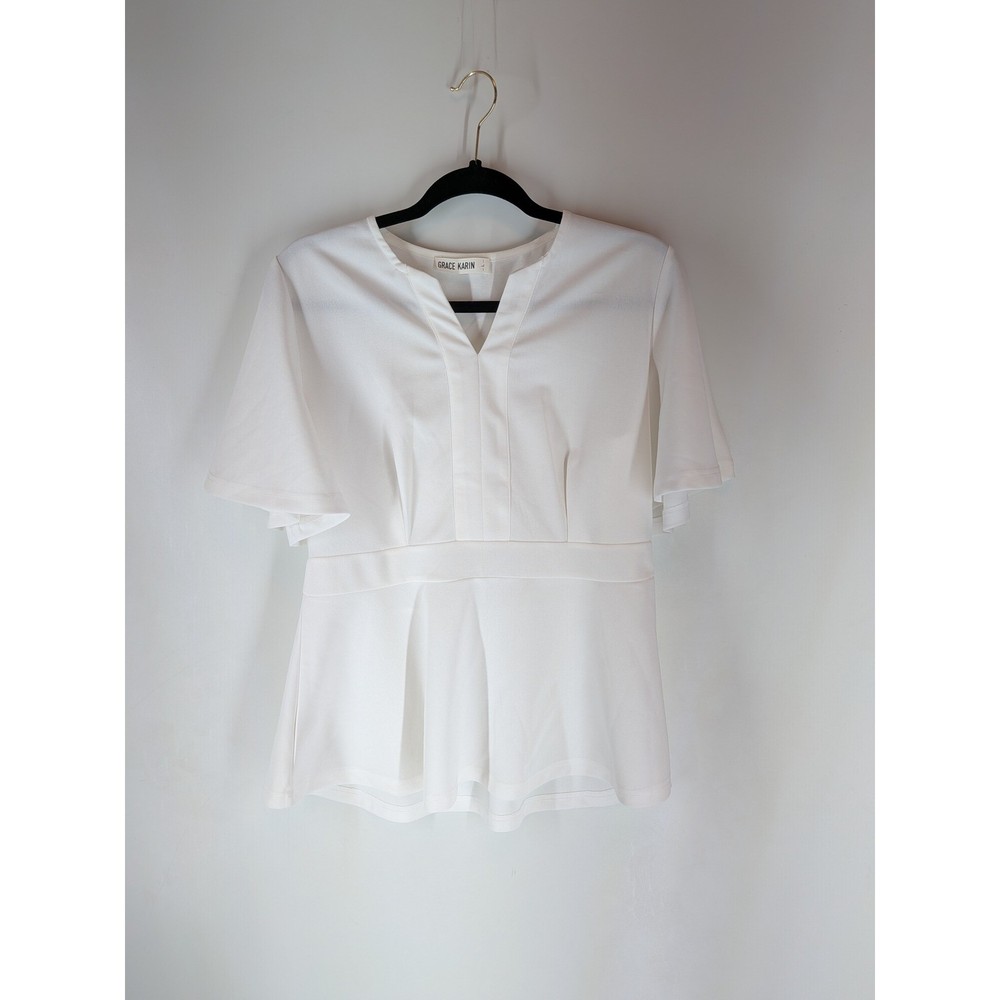 Grace Karin White Peplum Blouse Short Flutter Sleeve Notched V-Neck Top Large
