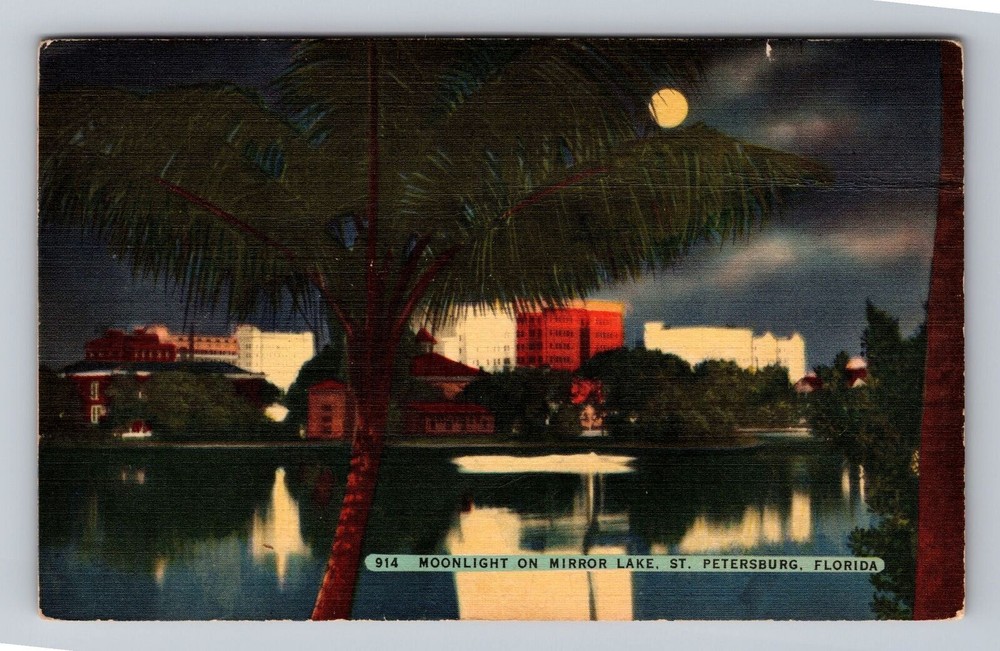Florida FL St Petersburg Moonlight On Mirror Lake Vintage Postcard