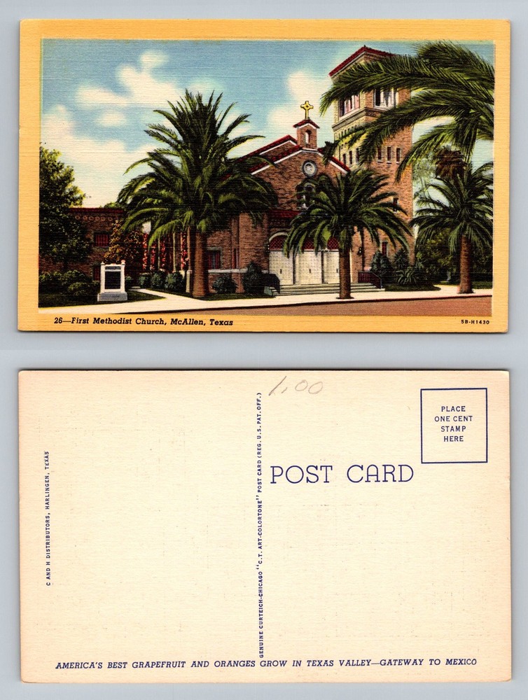 McAllen, TX-Texas, First Methodist Church & Tower Street View Vintage Postcard