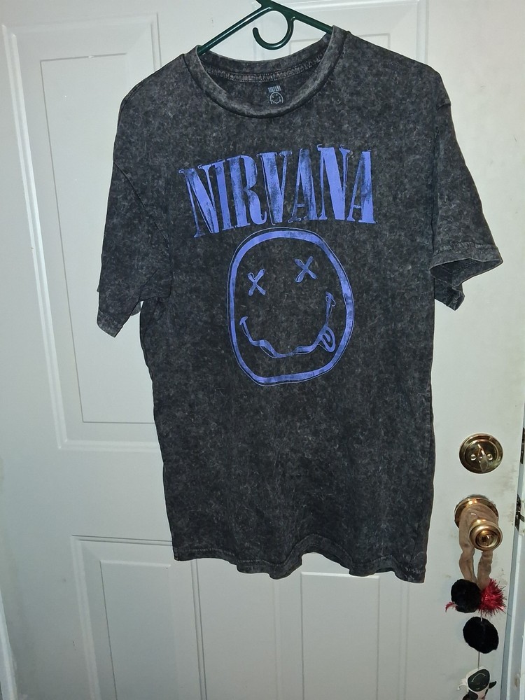 Nirvana Black Acid Wash T-shirt Sz Large Blue/Purple Smiley Face Logo