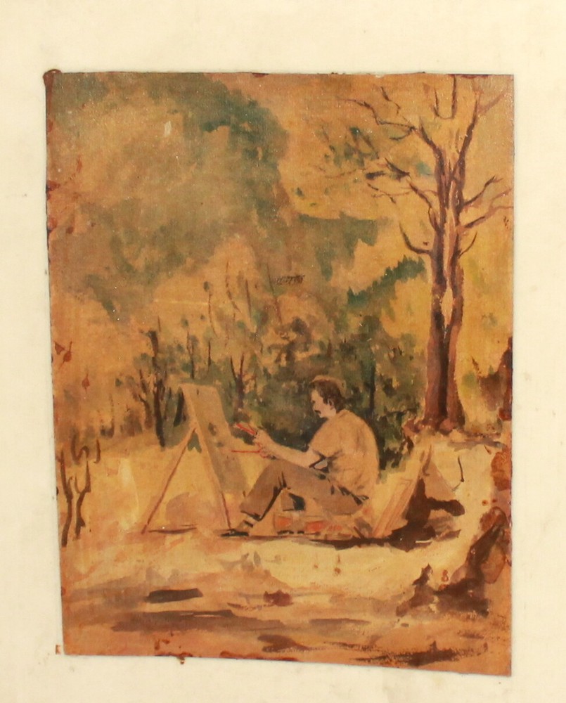 Vintage expressionist watercolor painting landscape with drawing man