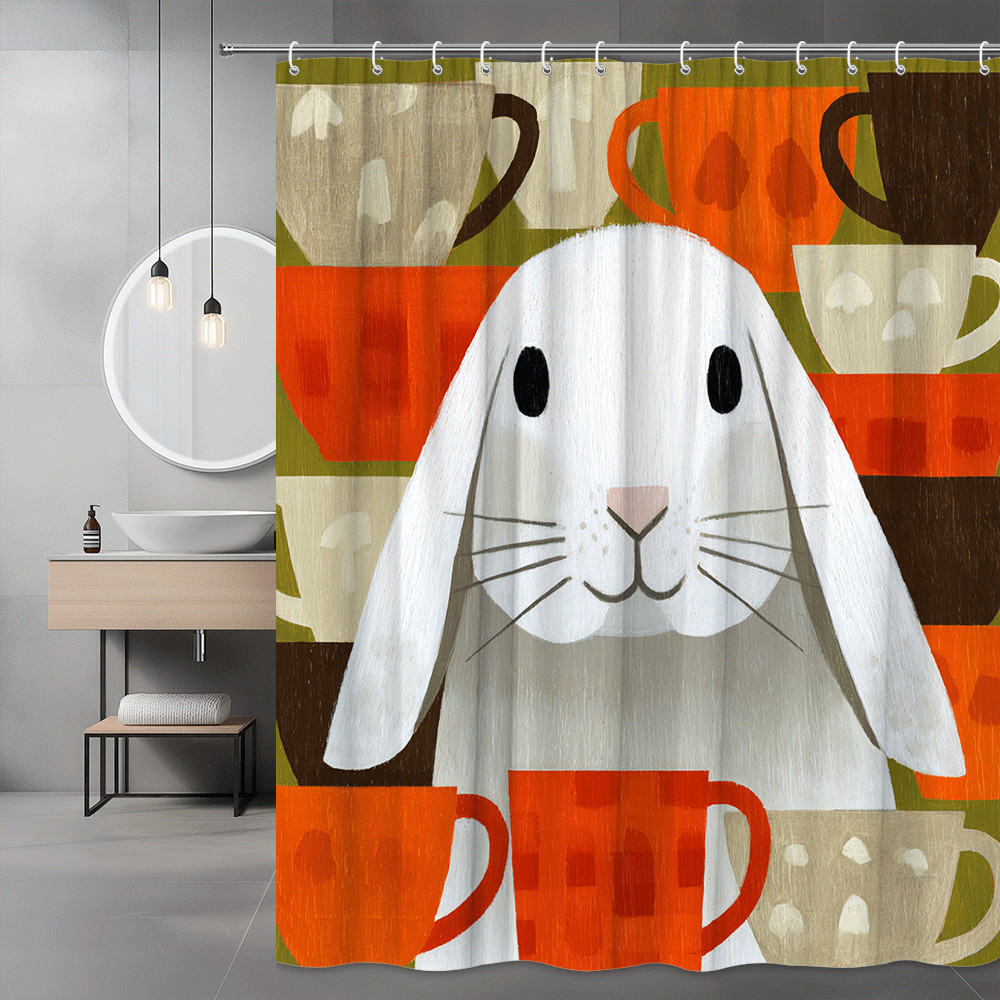 Rabbit and Coffee Cups Shower Curtain, Cute Animal Graphic Print