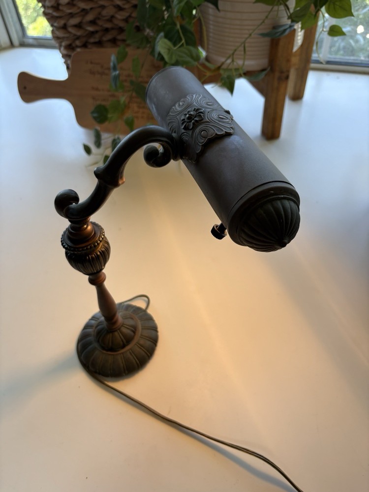 Brass Banker or Piano Desk Lamp with an adjustable arm and ornate detailing