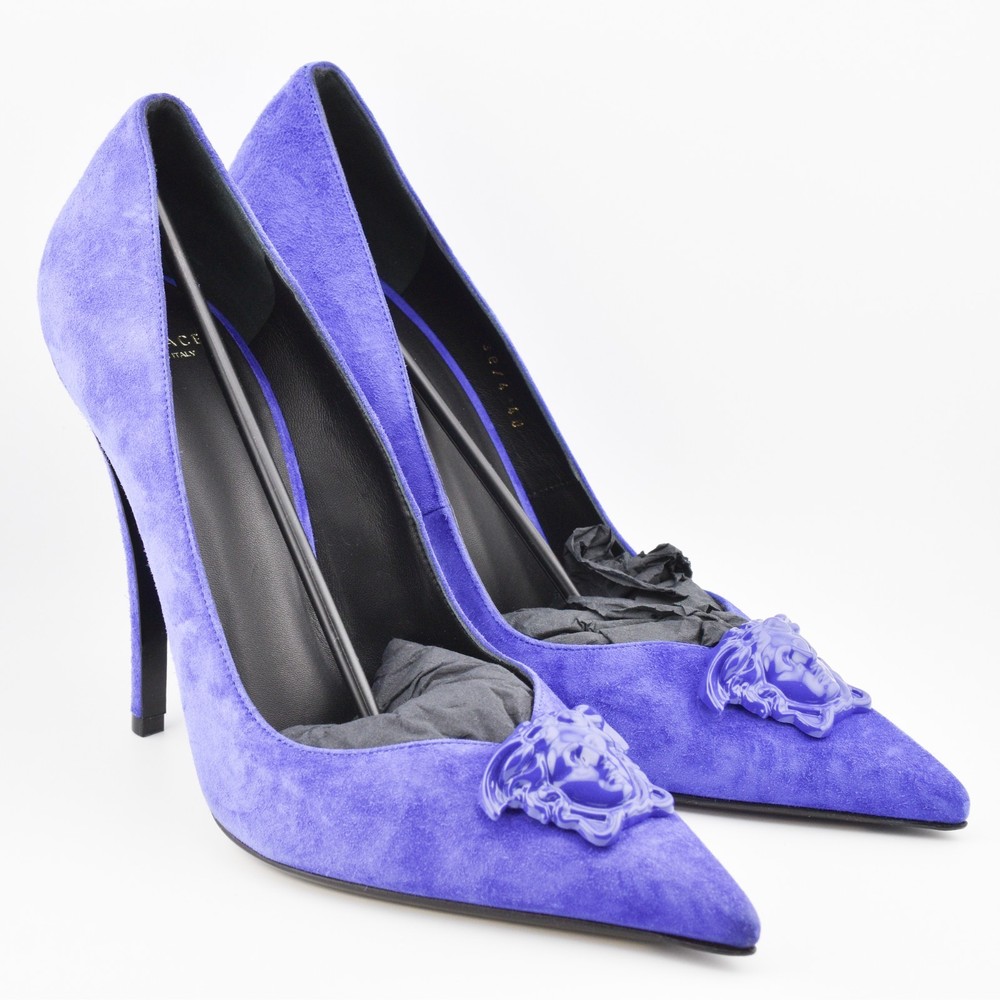 READ Versace Decollete T.110 Vernice medusa purple suede pumps heels US 9.5