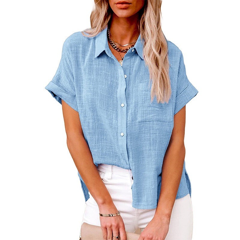 Women Summer Linen Shirts Short Sleeve Button Down Shirt Casual Trendy Loose Top