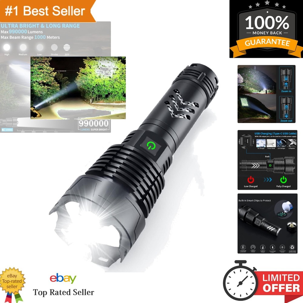 High-Powered 990000 Lumens Tactical Flashlight - USB-C Rechargeable, Durability