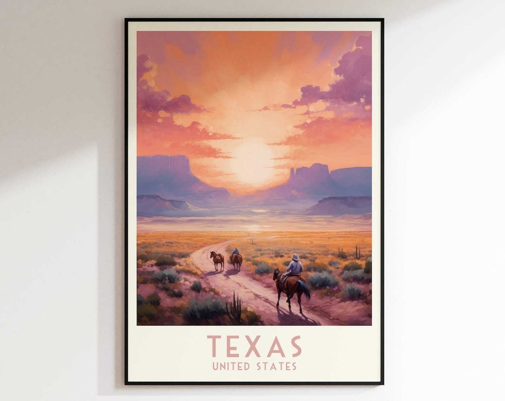 Texas Travel Print United States Poster Home Decor Retro Wallart Wedding Gift