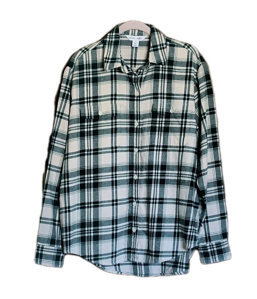 Old Navy Women's Med Tall Flannel Boyfriend Shirt Green&Off White Plaid Cozy