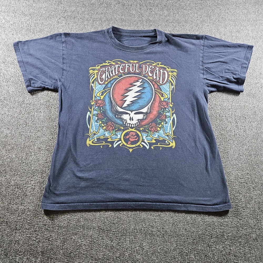 Grateful Dead Shirt Mens L/XL Blue Steal Your Face Roses Bear Graphic Tee Music