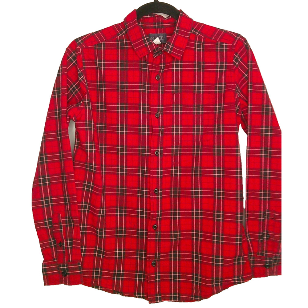 Children's Place Youth XXL 16 Red Black Long Sleeve Button-down Plaid Shirt