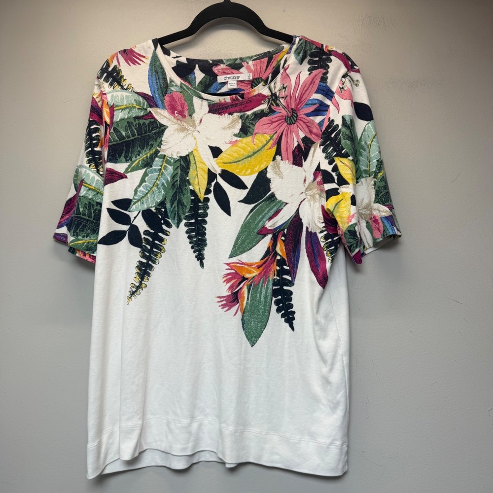 Chico's Floral T-Shirt Womens 3 XL White Tropical Cotton Excellent Short Sleeve