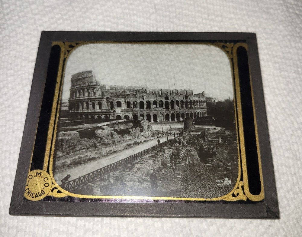 S.O.M. Co. Magic Lantern Slide Glass Black & White Colosseum Rome Landscape