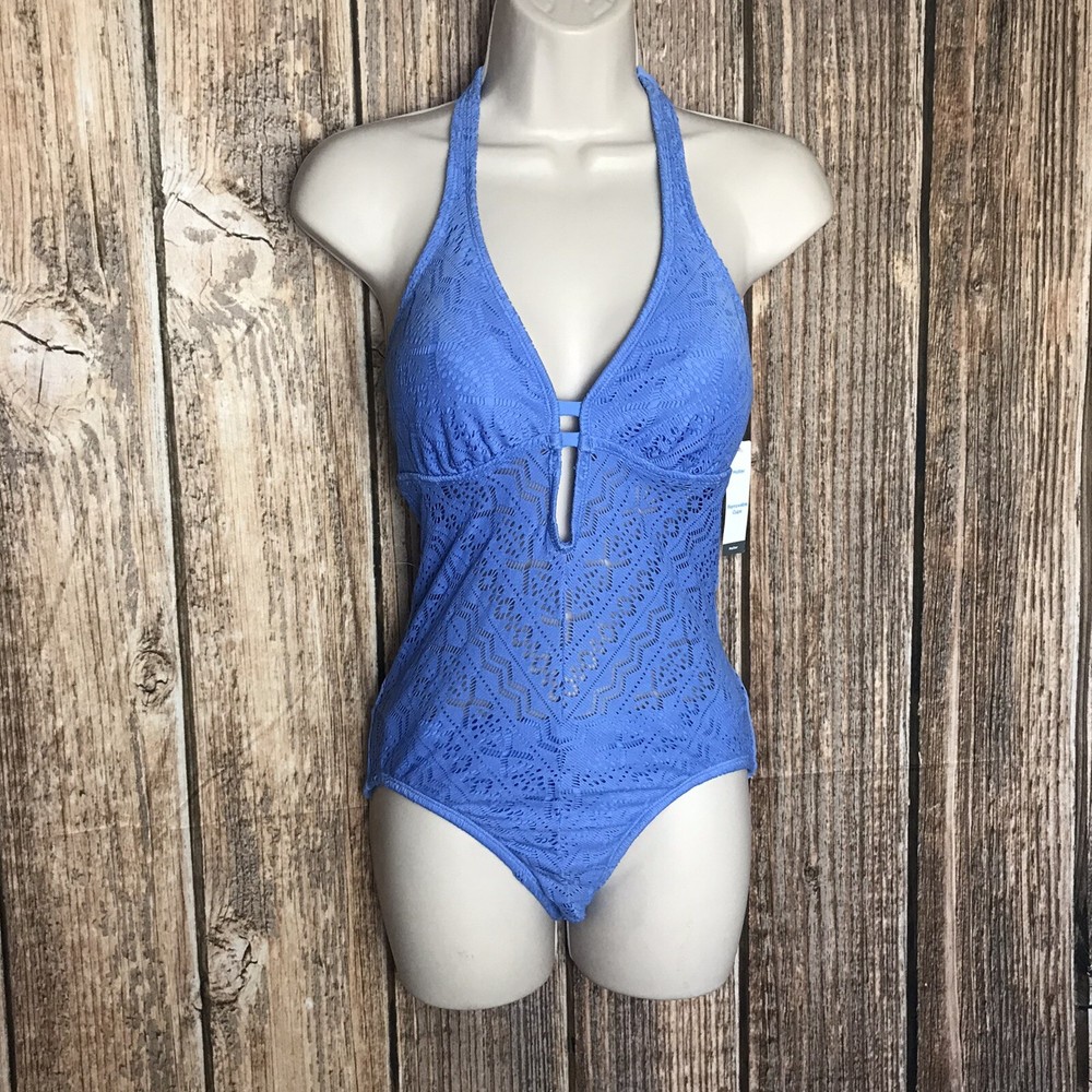 Time & Tru Light Blue Tie Halter One Piece Swimsuit Size S with Removable Cups