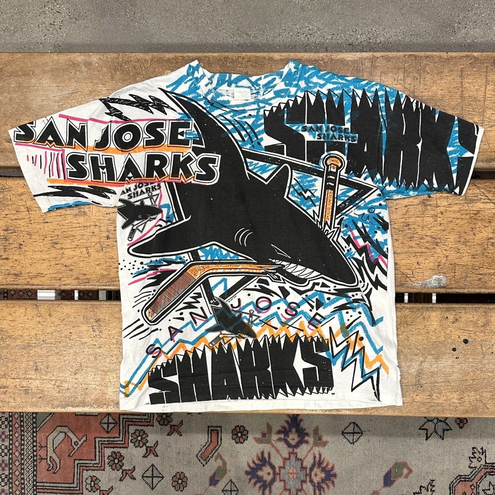 Vintage 90s San Jose Sharks T Shirt Men’s XL All Over Print AOP NHL Big Print