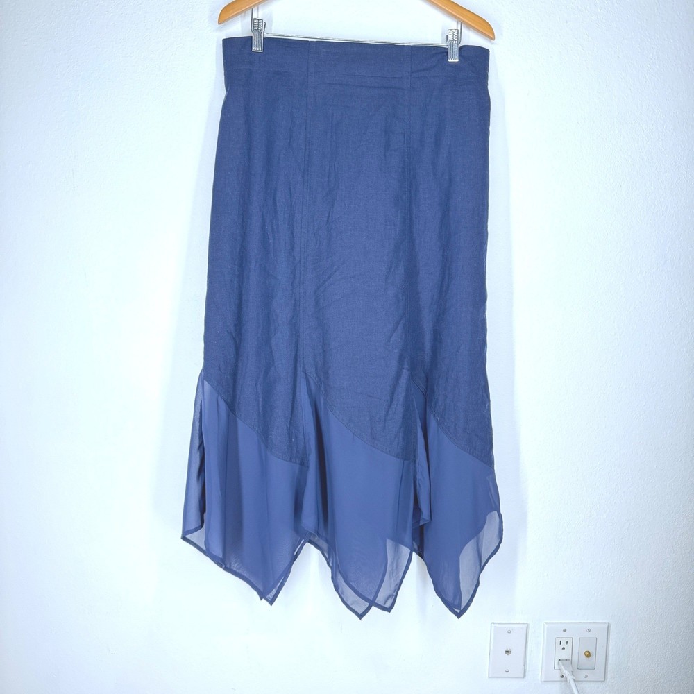 Chicos Navy Linen Handkerchief Sheer Hem Midi Skirt Large Coastal Minimalist